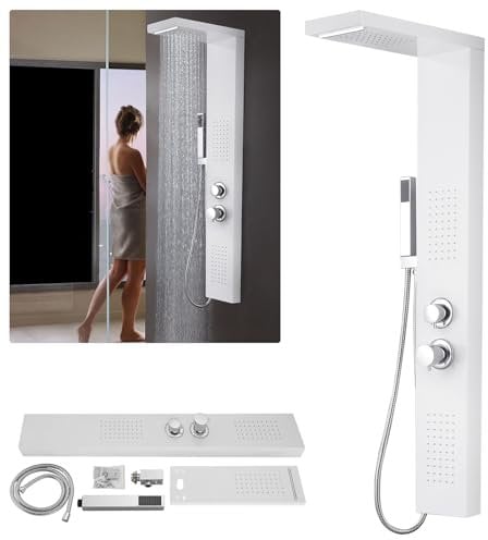 UISEBRT Panel de ducha de acero inoxidable cepillado, sistema de ducha de montaje en esquina, columna de ducha, 4 funciones, juego de ducha con ducha de lluvia, chorros de masaje, ducha de mano y