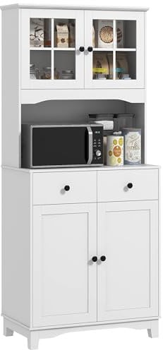 HOMCOM Küchenschrank Hochschrank mit Mikrowellenregal, 2 Schränken, 2 Schubladen, Vitrinenschrank mit Verstellbaren Ablagen, Buffetschrank für Wohnzimmer, Esszimmer, 74,5 x40 x 172 cm, Weiß