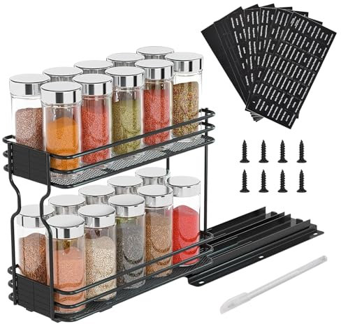 Dokeno Gewürzregal Ausziehbar, 2 Etagen Gewürzaufbewahrung, Gewürz Organizer Stehend, Küchen Organizer Standregale für Gewürzgläser, für die meisten Küchenschrank Speisekammer, Schwarz