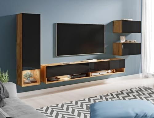 MINIO go for it - Wohnwand 4-Teilig Set Amy, Wandschrank Hängend, Laminierte Spannplatte, Farbe: Wotan Eiche/Schwarz glänzend - mit LED Beleuchtung