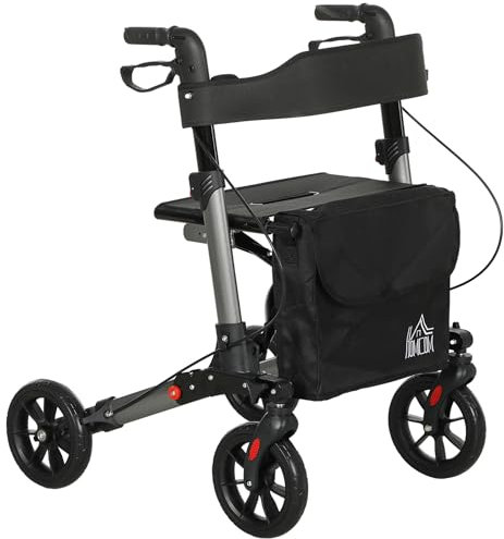 HOMCOM 4 Wheel Rollator with Seat and Back, Folding Mobility Walker with Carry Bag, Adjustable Height, Dual Brakes, Cane Holder, Lightweight Aluminium Walking Frame for Seniors and Disabled, Silver