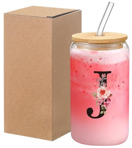 Larfraecy 16Unzen Personalisierter Trinkgläser mit Bambusdeckel,Strohhalme und Strohbürste,Personalisierter Glasbecher mit Initialen,Glas in Dosenform für Kaffee,Saft,Geschenke (J)