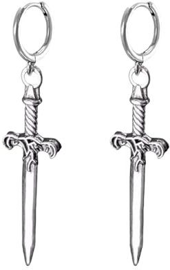 Dagger Sword Dangle Drop Hoop Earrings for Women Men Unisex Gothic Retro Punk Knife Piercing Hoops Cartilage Huggie Vintage Personalzied Engraved Swords Earring Jewelry