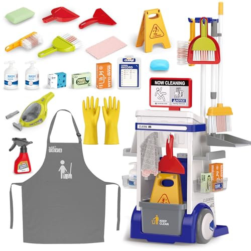 deAO Carrello Pulizie Bambini, Set Pulizia Giocattolo con Aspirapolvere Funzionante Mop, Scopa e Accessori Gioco Educativo per Bambini 3-8 Anni | Blu