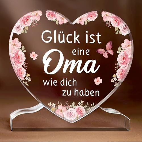 Kisvic Oma Geschenk, Herzförmige Acryl-Plakette Dekoration mit Blumenmotiv, Oma Geschenke zum Geburtstag, Geburtstagsgeschenk Muttertagsgeschenke von Enkel Enkelin