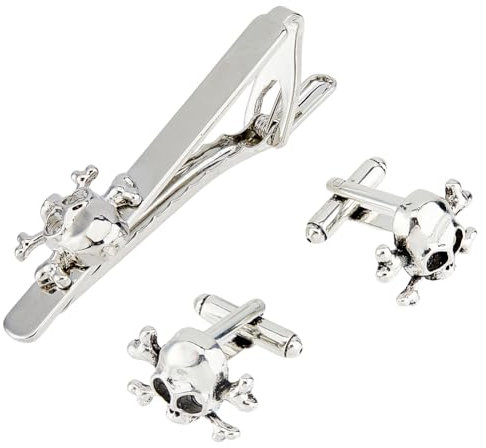 SUPERFINDINGS 1 pièce de Pince à Cravate tête de Mort avec 1 Paire de Boutons de Manchette tête de Mort Pince à Cravate Fantaisie Boutons de Manchette tête de Mort Accessoires de Costume