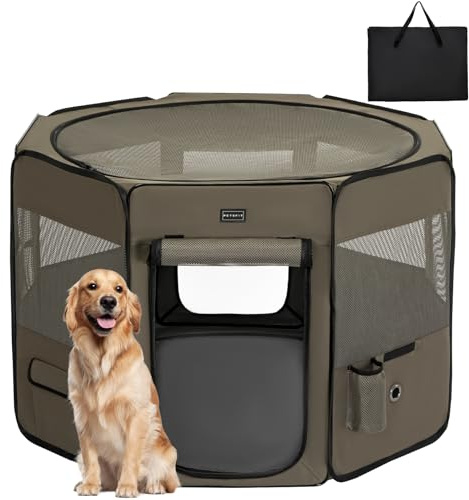 PETSFIT Dog Pen Indoor, Anti-Leakage Bottom, Foldable, Collapsible Puppy Play Pen, Chewproof Design, Dog Playpen Indoor, 116 × 106 × 72 cm,Tea Gray