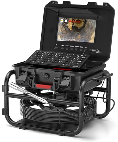 Camara Inspeccion Tuberias con Localizador, Cámara de Alcantarillado HD de 70m con Autonivelante y Contador de Metros, Industrial Cámara Endoscópica Tubería con Pantalla a color IPS de 9, Teclado USB