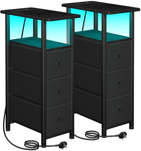 LOAKEKEL Narrow Bedside Table Set of 2, Slim Side Table for Bedroom | Bed Side Table Living Room with Charging Station, Sofa Table with 3 Fabric Drawers, Small Nightstand with LED Lights, Black