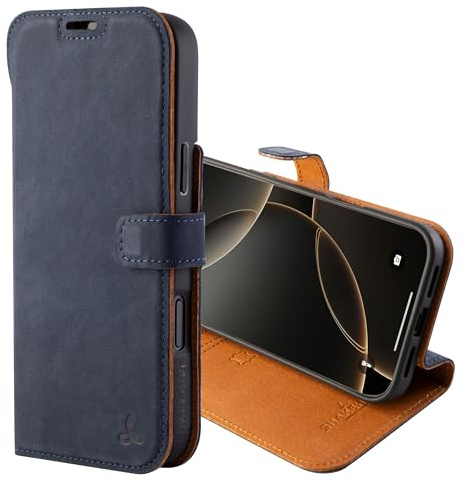 Snakehive Genuine Leather Wallet Case for iPhone 17 Pro Max – Flip Cover with Card Slots & Stand (Navy)