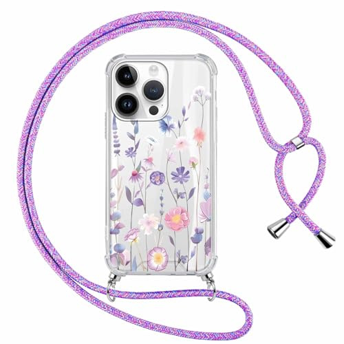 Xylota Funda con Cuerda para iPhone 15 Pro MAX, Transparente Flores Dibujos Carcasa con Ajustable Cordon Colgar Collar Correa de Cuello Cadena Colgante, TPU Case para iPhone 15 Pro MAX 6,7'', Morado