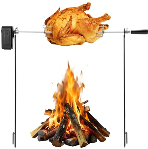 QPMR Rotating Rotisserie Grill Kit, Electric Dual Post Open Fire Spit Rotisserie Grill System,Cordless Battery Motor,with Spit Rod,for Outdoor Campfire Grilling,20LBS Capacity