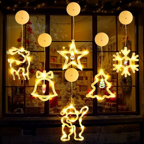 Lampada a Ventosa per Natale, 6 Pezzi Finestra Natale Luce a Ventosa, Luci Nat-ale a LED Luce a Sospensione, Lampadario a LED Natalizio a Sospensione per Decorazioni Natalizie
