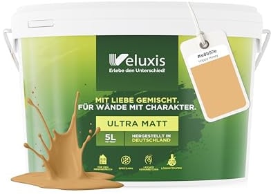 Veluxis® Pintura de pared naranja para interiores - 5 litros y opacidad clase 1, sin vetas, antigoteo y ecológica, sin COV - (Happy Honey)