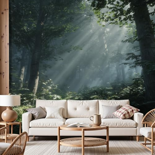 Dyjuaa Wald Nebel Tapete Vliestapete Natur Dschungel Vlies Fototapete 300x210 cm Sonnenlicht Fototapeten Tapeten für Wohnzimmer Schlafzimmer - Wandtapete Tapete