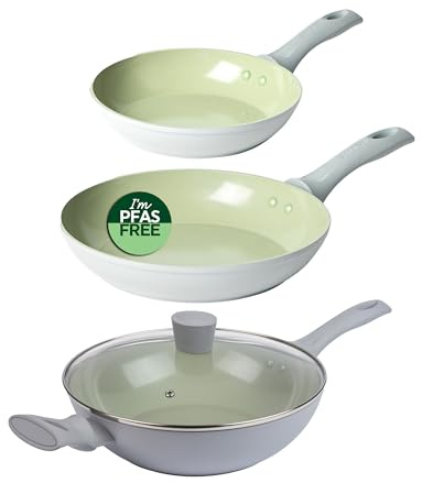 Salter Earth 3-Piece Frying Pan & Wok Set – Includes 20/24 cm Frying Pan & 28 cm Wok with Glass Lid, Healthy Ceramic Non-Stick Coating, PFAS-Free Induction Cookware, Easy Clean, PFOA/PTFE-Free, Green