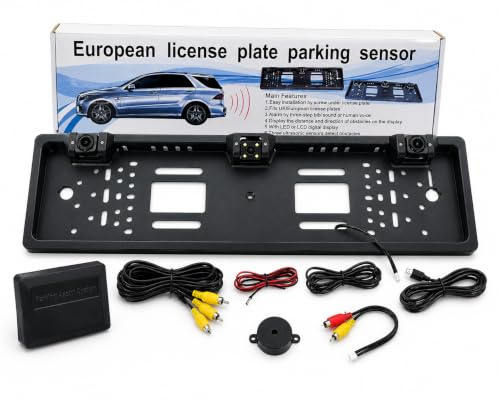 Reverse Parking Sensor Number Plate Frame with LCD Display, 3 Ultrasonic Sensors, Buzzer & Voice Alert, Universal European License Plate Parking Assist Kit for Cars (Back Camera with Parking Sensor)