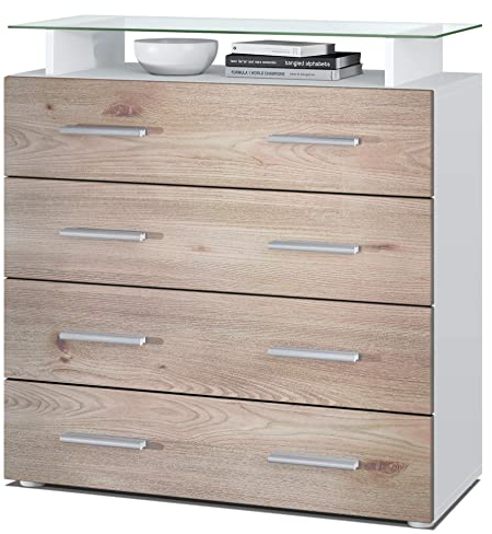 Vladon Sideboard Pavos V2, Kommode mit 4 Schubladen und Glasablage, Weiß matt/Eiche Nordic (76 x 81 x 35 cm)