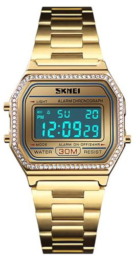 MASTOP Montre de luxe pour femme en acier électronique LED numérique ultra fine carrée, doré, Numérique