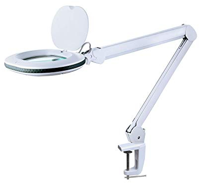 Lumeno 8615GR Lupenleuchte Arbeitsplatzlampe mit großer ovalen Linse 110x150 mm, 60 LEDs in 2 Stufen dimmbar, perfekt als Lesehilfe, für die Kosmetik oder zum Löten, 5 Dioptrien grau