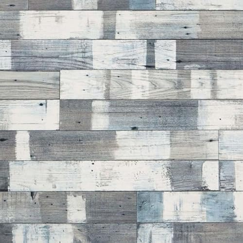 Blue & White Wood Effect Vinyl Flooring - Rustic Light Oak Foam Sheet Lino - Kitchen & Bathroom Flooring - 2m to 7m Length (Snow Painted Wood, 4m x 2m)