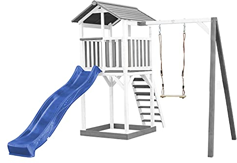 AXI Beach Tower Spielturm aus Holz in Weiß & Grau | Spielhaus für Kinder mit Blauer Rutsche, Schaukel und Sandkasten | Stelzenhaus für den Garten