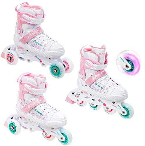 RAVEN 3in1 Inline Skates Triskates Rollschuhe Inliner für Kinder Mädchen verstellbar (ROSI, 28-32 (18,5cm-21cm))