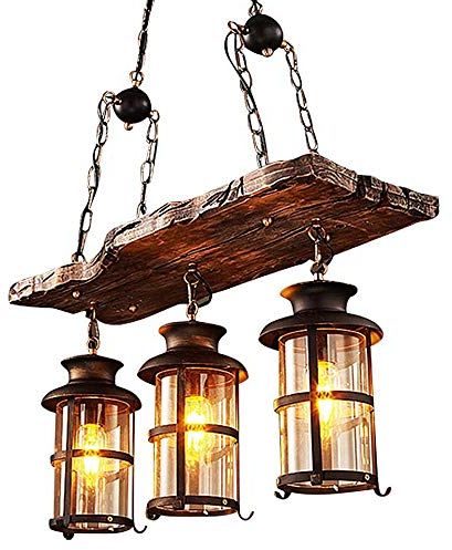 Antik Holz Kronleuchter Pendellampe Vintage Industrielle Eisen Schwarz Rund Glas Hängeleuchte für Landhaus Wohnzimmer Rustikalem Küchen insel Esszimmer Esstisch Bar Loft Rustikal Lüster, 3-flammig