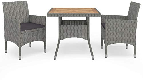 Tidyard 3-TLG. Garten-Essgruppe Gartengarnitur Sitzgruppe Gartenset Sitzgarnitur Gartentisch Esstisch Stühle Grau Poly Rattan und Akazienholz