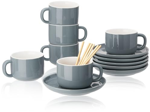 CHILDIKE Kaffeetassen mit Untertassen, Löffeln, 200 ml, 6 Stück, Cappuccinotassen, graue Porzellantassen, Servieren für Tee, Latte, Mokka