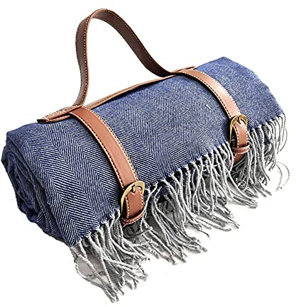 wasserdichte Picknick-Decke, Sandfest Weben Stranddecke Mit Quasten Tragbar Faltbar Matte Waschmaschinenfest Teppich Mit Lederband Zum Camping Reise Wandern Garten 150X200Cm (Marine, Braun)
