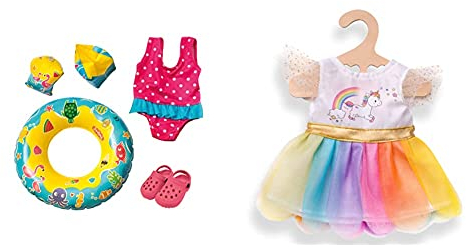 Heless 88 - Schwimmset für Puppen, Badeanzug, ClogsPuppengröße ca. 35-45 cm, für Badespaß an heißen Sommertagen & 2850 - Kleid für Puppen, Einhorn Henri, Größe 35-45 cm