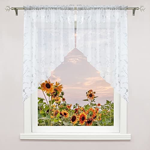 Delien 2er Set Voile Scheibengardine mit Durchstangenzug Bistrogardinen Modern Türgardine Küche Kurz Stores Einzelschicht Gardinen Kleinfenster mit Kräuselband/Tunnelzug BxH 120x125cm*2,Weiß