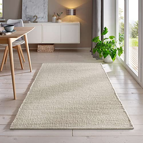 Handweb-Teppich aus Schurwolle in Skandinavischem Landhaus Design in vielen aktuellen Farben für Wohnzimmer, Esszimmer, Schlafzimmer, Flur, auch als Läufer beidseitig verwendbar weiß 160x230 cm