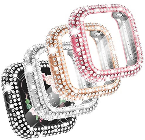 CHANCHY Confezione da 4 custodie compatibili con Fitbit Versa 2 pellicole proteggi schermo, oltre 200 cristalli in morbido TPU per smartwatch Fitbit Versa 2, colore: oro rosa/argento/nero