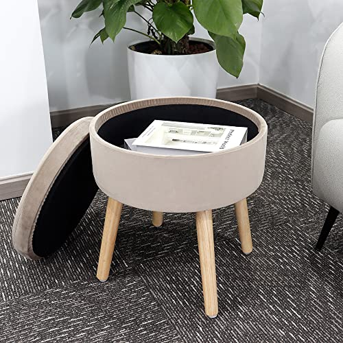 NEWIMAGE Hocker Fußstütze Rund Getuftet Samt Ottoman 44cm Hoch Hocker Aufbewahrung Fußstütze Multifunktionale Gepolsterte Toilettenhocker mit Holzfuß für Wohnzimmer Schlafzimmer Schminkzimmer (Grau)