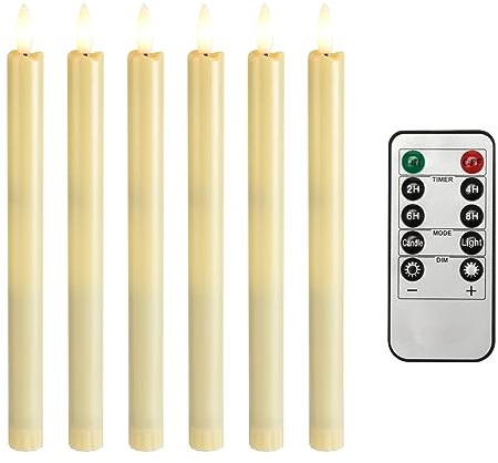 MeetUs 6 Stück Led Stabkerzen mit Fernbedienung, Flammenlose Tafelkerzen, Batteriebetriebene LED Kerzen für Weihnachtsdeko (Elfenbein, 0.82 X 9.84 Zoll)