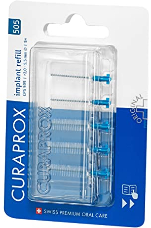 Curaprox Spazzole interdentali CPS 505 implant Refill, 5 pezzi, blu, diametro 2 mm, efficacia 5,5 mm, ricarica senza supporto