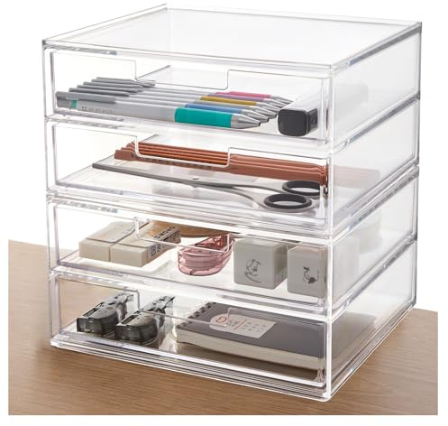 STORi Stackable Desk Drawer Organizer, Clear Pen Pencil Makeup Brush Holder for Desktops and Vanities, 4 Wide Drawers (Made in USA)
