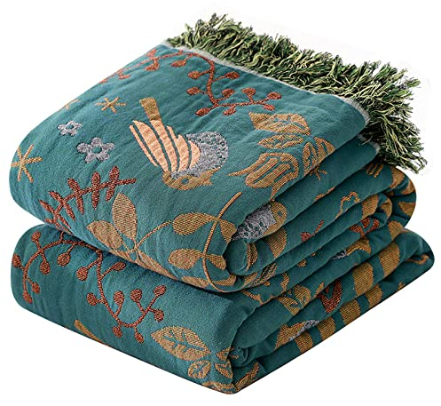 HOORDRY Baumwolle gewebte Decke Muster,Überwurf mit Fransen,Doppelseitig Boho tagesdecke,230×250CM,Blau/Beige,Edele und kuschelig weiche TV-Decke Couchdecke Sesseldecke Wendedecke bettüberwurf
