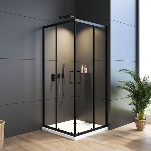 WDWRITTI Duschkabine Eckeinstieg mit Schiebetüren, 80x80x185cm Schwarz Schiebetür Eckdusche Duschabtrennung Duschschiebetür Glas