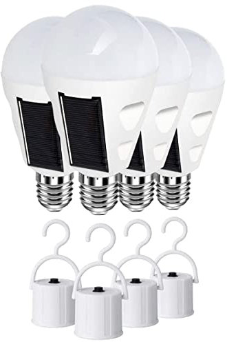 Bombilla solar LED 6000K con gancho e interruptor, casquillo E27,batería recargable luz de emergencia,lámparas solares para Exterior senderismo camping,7w 4 pack