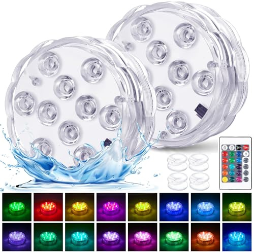 YiaMia Lot de 2 lampes LED submersibles à piles RVB avec ventouse et télécommande pour bassin, décoration, fête, vase, spa, aquarium