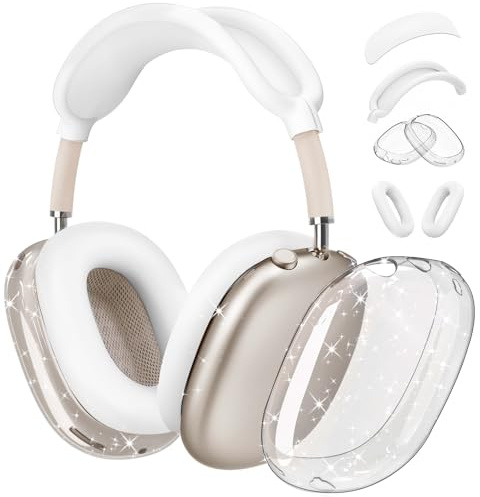 4 in 1 Set Hülle für AirPods Max Kopfhörer, Clear Soft TPU Anti-Scratch Schutzhülle Cover Kein Vergilben Transparent Zubehör für Apple AirPods Max (2024 USB-C /2020 Lightning) -GlitterClear