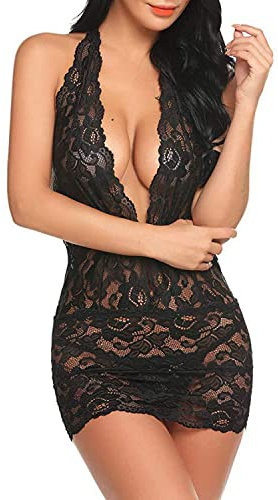 VicSec Sexy Lace Babydoll Lingerie See Through Mesh Nightdress Women Deep V Neck Chemise Nightgown Halter Backless Mini Dress Bodysuit with Thong for Ladies Pajama Bridal Sleepwear (Black, 2XL)
