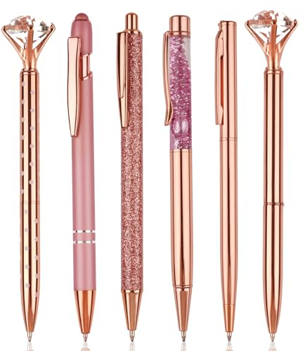 Kugelschreiber Roségold Set, 6 Stück Schöne Kugelschreiber, Kugelschreiber Glitzer Mit Großer Diamant, Kugelschreiber Pink, Rosa Geschenke für Frauen Mädchen Brautjungfer Hochzeit Büro, Rosegold