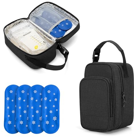 BAFASO Bolsa Enfriadora de Leche Materna con 4 Bolsas de Hielo, Bolsa de Viaje Enfriadora de Leche Materna para 6 Bolsa para Leche Materna, Bolsa de Almacenamiento de Leche Materna, Negro