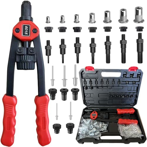 DURDUR Juego de alicates de remache 2 en 1 y remachadora ciega, herramienta de remache | M3-M12 7 tipos de mandriles métricos y 5 cabezales de remache de 3,2 a 6,4 mm (incluye 110 tuercas de remache y