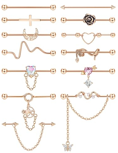 FIOROYAL 13PCS Industrial Piercing Schmuck Chirurgenstahl 14G Industrial Ohrringe Langhantel mit Kette Schlange Mond Knorpel Helix Piercing Ohrringe Industrial Bar Schmuck D