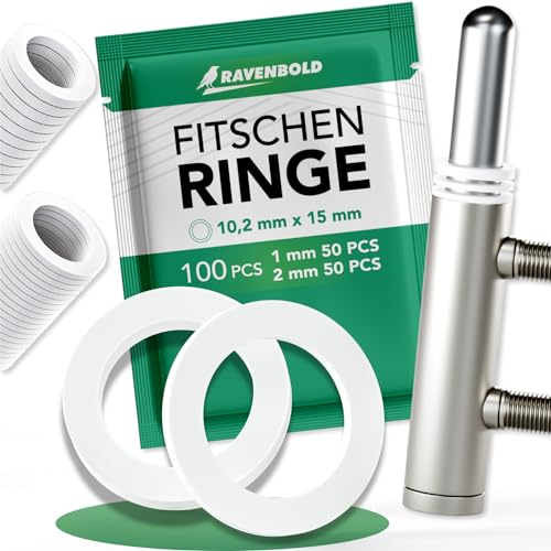 RAVENBOLD Fitschenringe für Zimmertüren [praktisches 100er Set: 50 x 1mm & 50 x 2mm Ringstärke / 10,2mm Durchmesser] - für alle Zimmertüren - extra stabiler Kunststoff - Unterlegscheiben Türscharnier